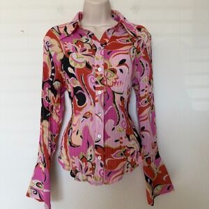 Violet & Claire Women Fairy Top Small Pink Crinkle Bell Sleeve 70s Groovy Button